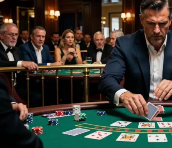 Joueur en action à une table de tournoi de cartes dans un casino français
