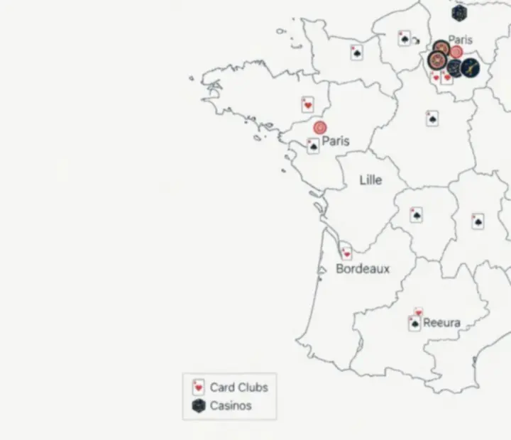 Carte stylisée de la France indiquant différentes zones de clubs de cartes vérifiés