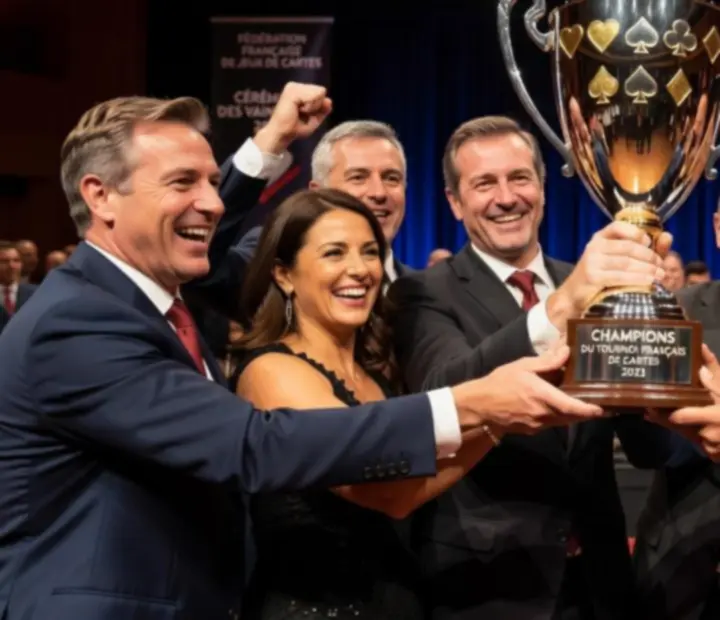 Vainqueurs français soulevant un trophée de tournoi de cartes