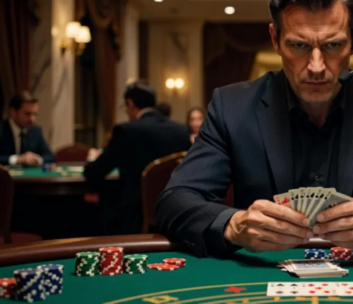 Joueur français de cartes tenant un trophée dans un casino