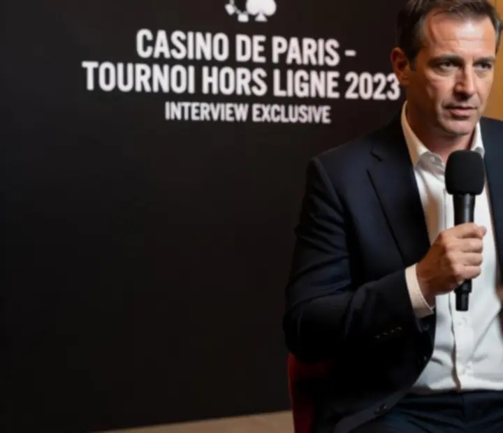 Joueur de cartes français donnant une interview devant une table de tournoi