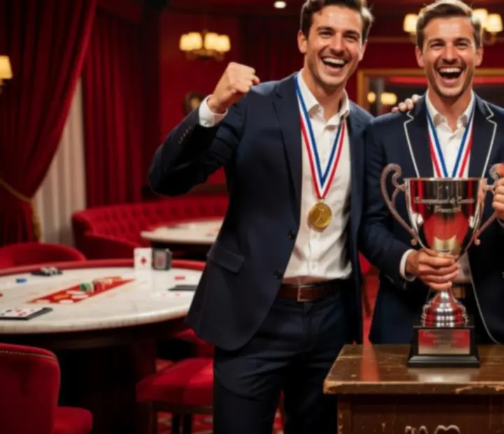 Podium de la finale d'un tournoi de cartes dans un casino français, avec les trois premiers joueurs célébrant devant un trophée
