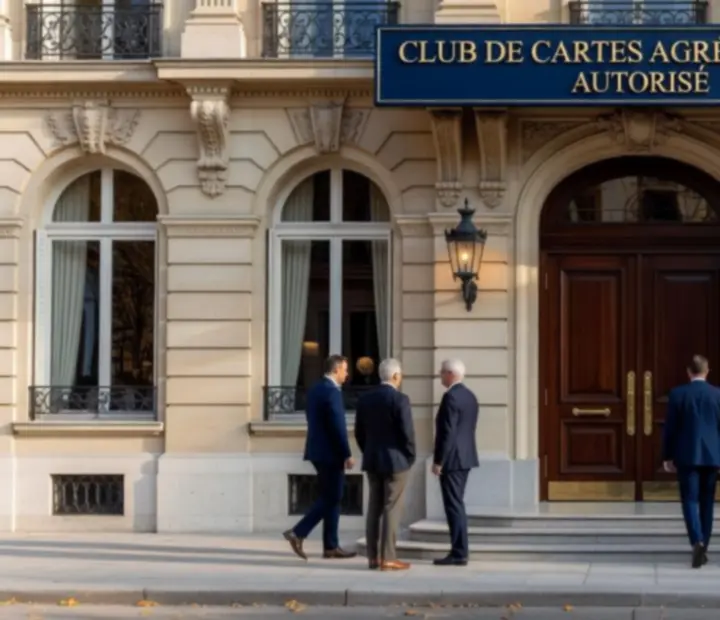 Façade élégante d'un casino français accueillant des tournois de cartes physiques